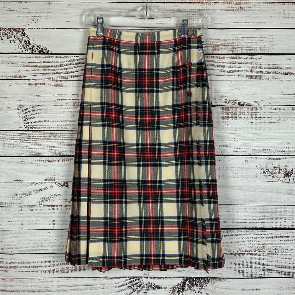 Womens VTG Scotch House Wool Cream Red Preppy Tartan Plaid Pleated Wrap Skirt S
